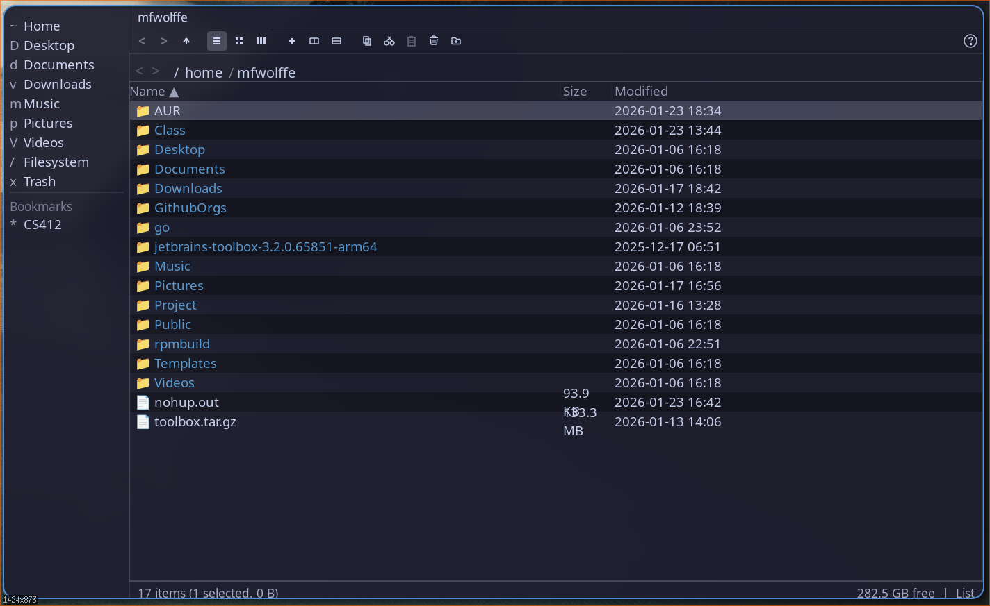 garfield file manager - list view