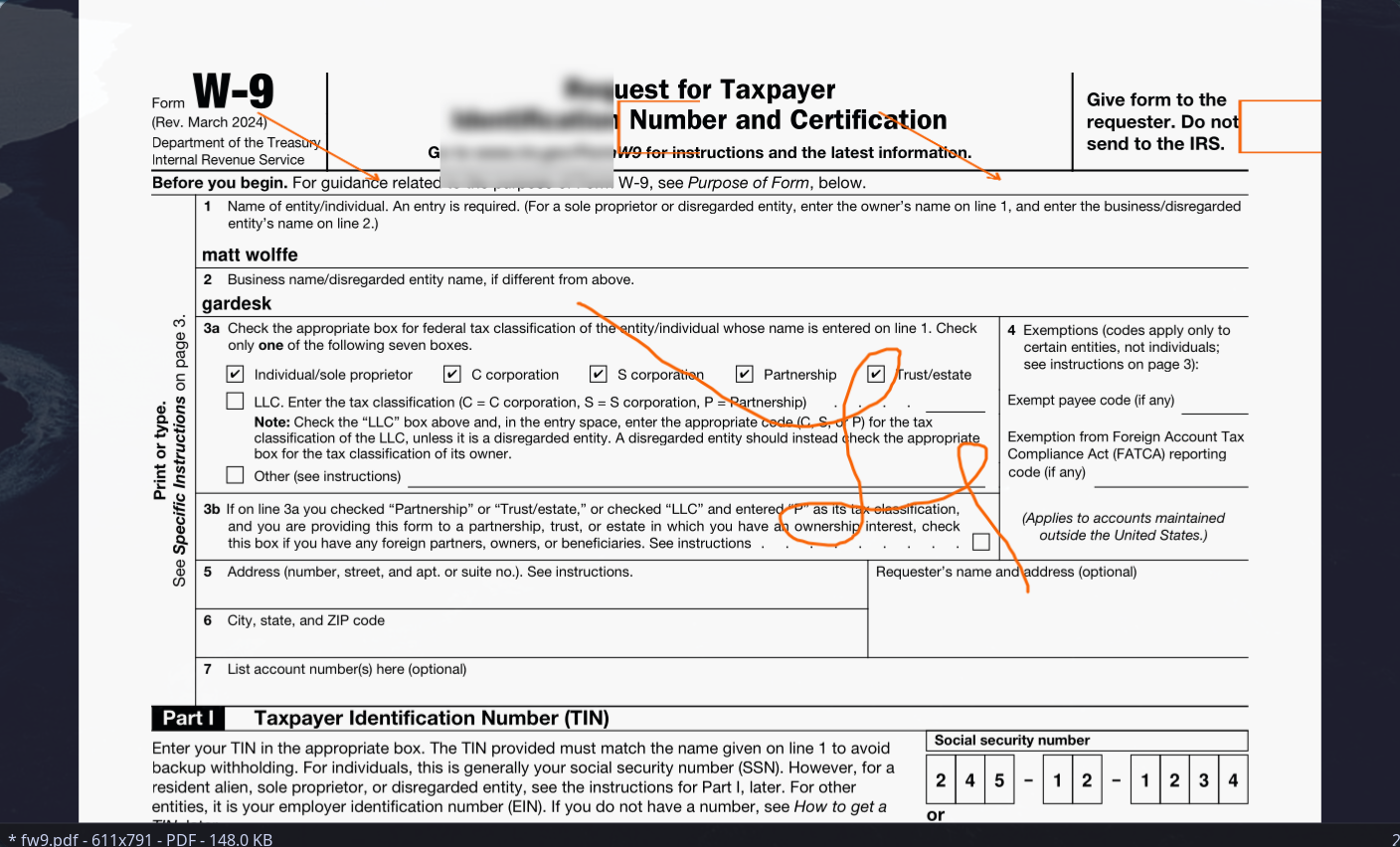 garview PDF annotation mode with drawing tools on a W-9 form