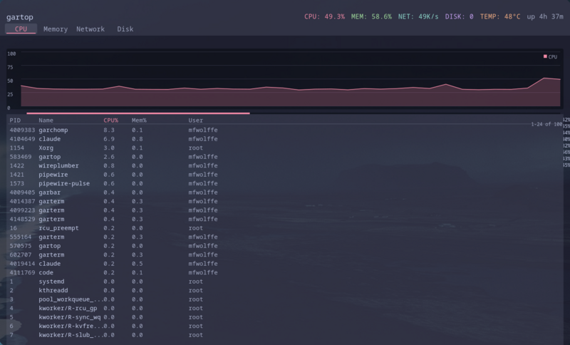 gartop CPU monitoring with per-core graphs