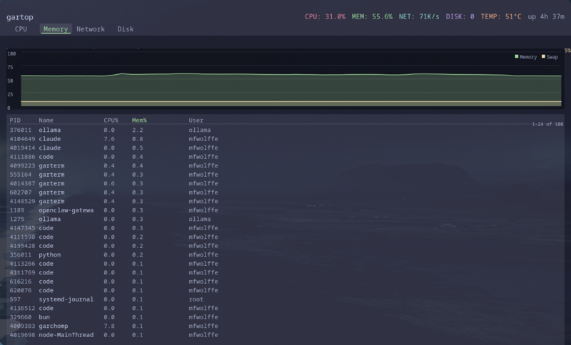 gartop memory and swap usage